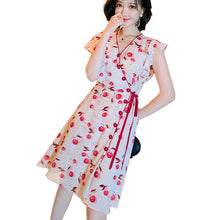 Load image into Gallery viewer, White V-neck dress with cherry pattern